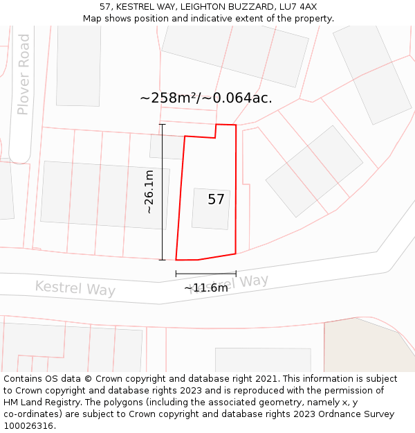 57, KESTREL WAY, LEIGHTON BUZZARD, LU7 4AX: Plot and title map