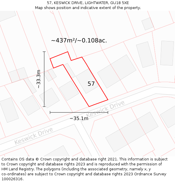 57, KESWICK DRIVE, LIGHTWATER, GU18 5XE: Plot and title map