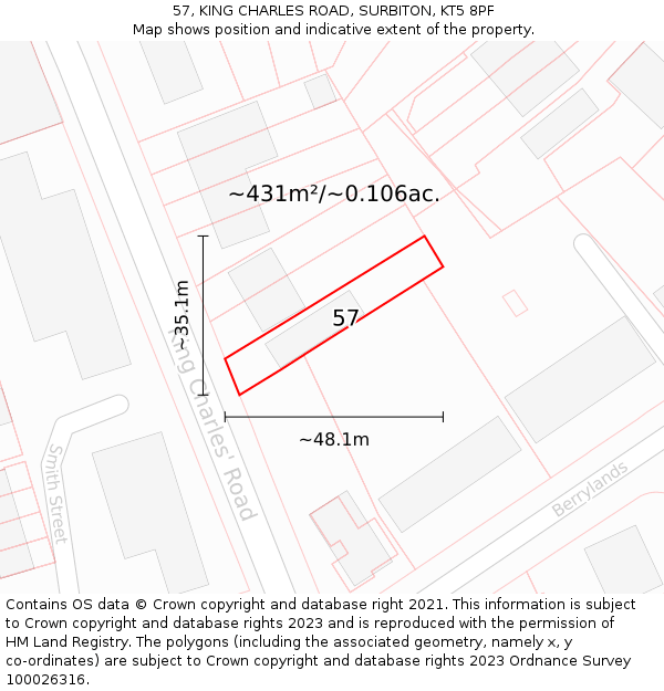 57, KING CHARLES ROAD, SURBITON, KT5 8PF: Plot and title map