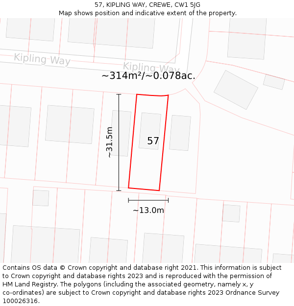 57, KIPLING WAY, CREWE, CW1 5JG: Plot and title map