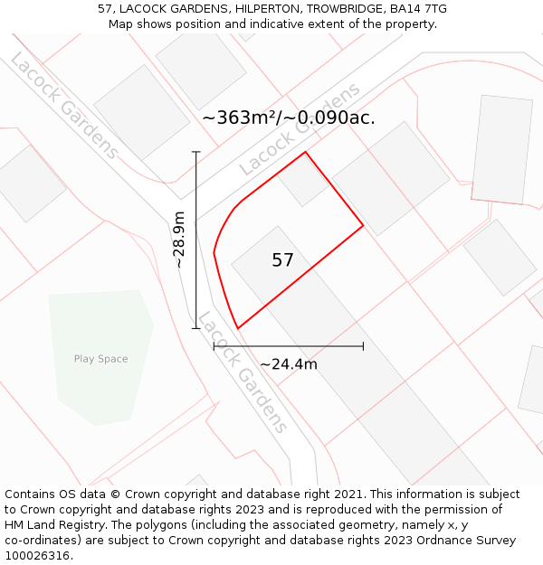 57, LACOCK GARDENS, HILPERTON, TROWBRIDGE, BA14 7TG: Plot and title map