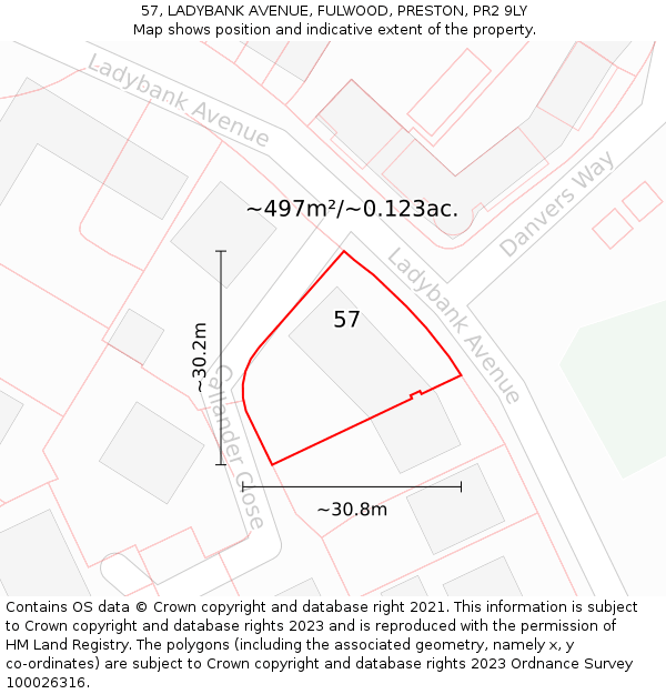 57, LADYBANK AVENUE, FULWOOD, PRESTON, PR2 9LY: Plot and title map