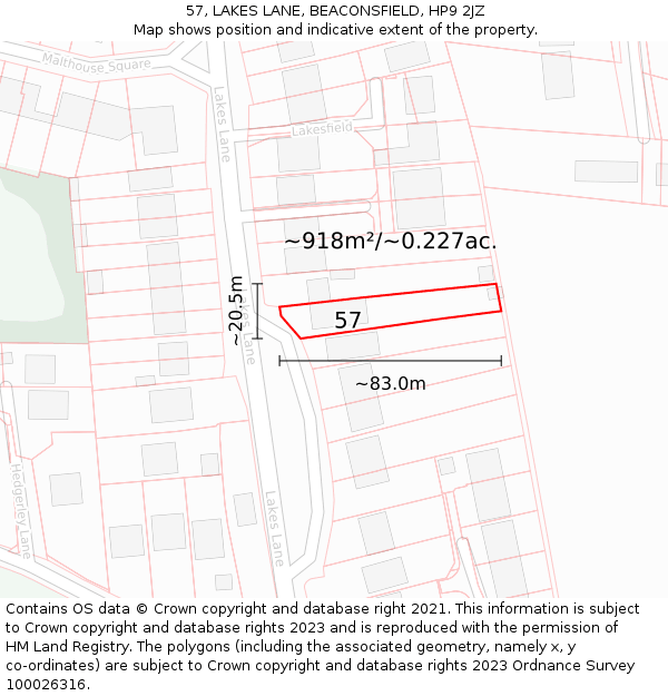 57, LAKES LANE, BEACONSFIELD, HP9 2JZ: Plot and title map