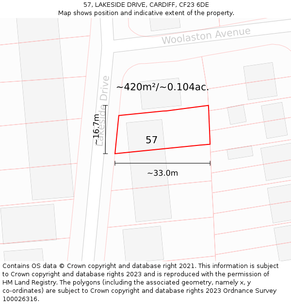 57, LAKESIDE DRIVE, CARDIFF, CF23 6DE: Plot and title map