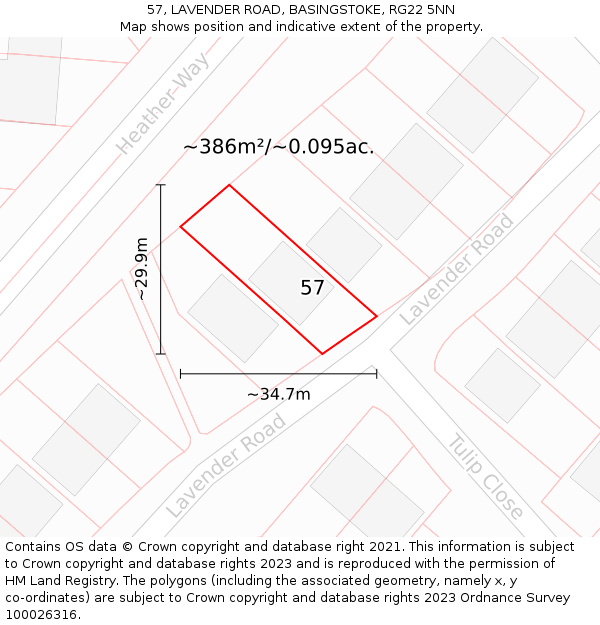 57, LAVENDER ROAD, BASINGSTOKE, RG22 5NN: Plot and title map