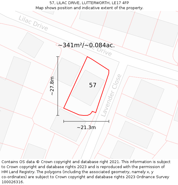 57, LILAC DRIVE, LUTTERWORTH, LE17 4FP: Plot and title map