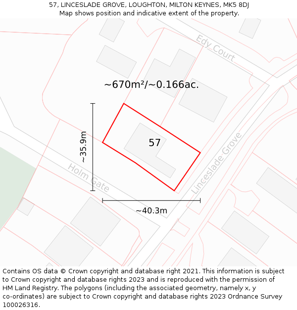 57, LINCESLADE GROVE, LOUGHTON, MILTON KEYNES, MK5 8DJ: Plot and title map