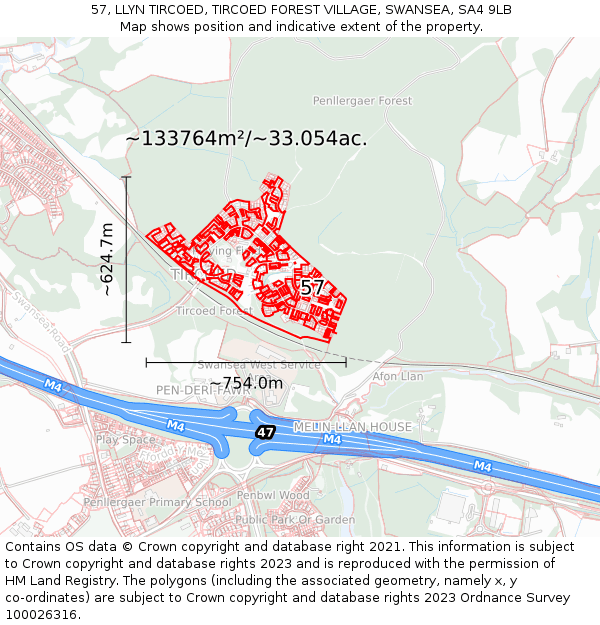 57, LLYN TIRCOED, TIRCOED FOREST VILLAGE, SWANSEA, SA4 9LB: Plot and title map