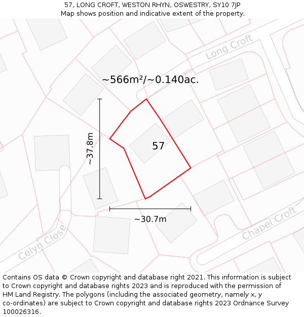 57, LONG CROFT, WESTON RHYN, OSWESTRY, SY10 7JP: Plot and title map