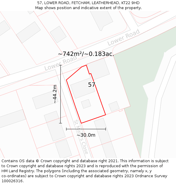 57, LOWER ROAD, FETCHAM, LEATHERHEAD, KT22 9HD: Plot and title map