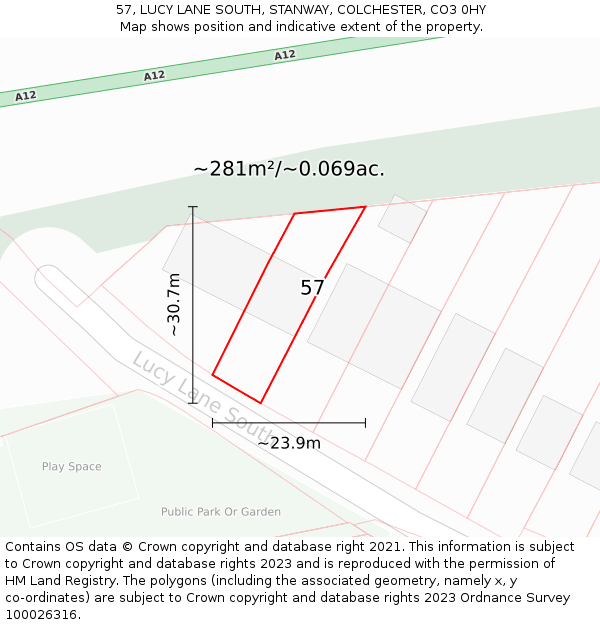 57, LUCY LANE SOUTH, STANWAY, COLCHESTER, CO3 0HY: Plot and title map