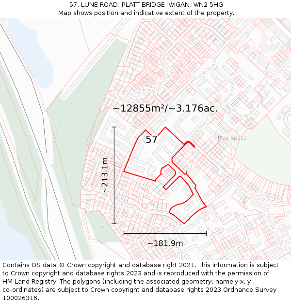 57, LUNE ROAD, PLATT BRIDGE, WIGAN, WN2 5HG: Plot and title map