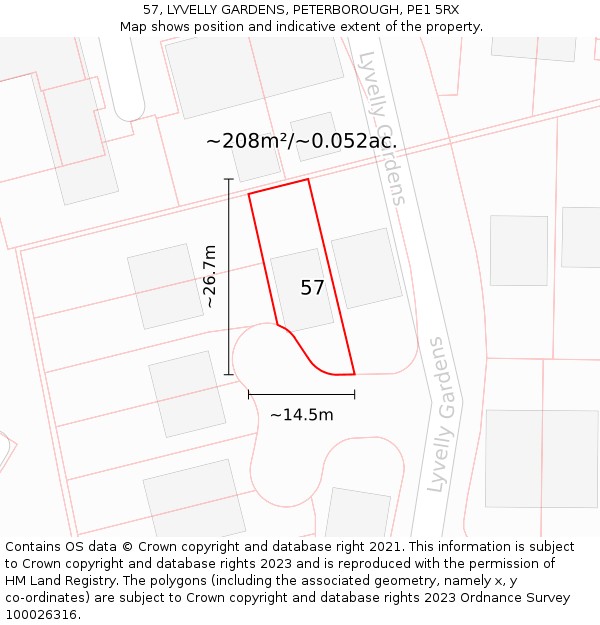 57, LYVELLY GARDENS, PETERBOROUGH, PE1 5RX: Plot and title map