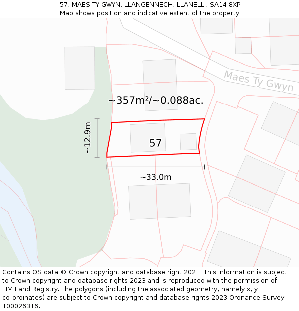 57, MAES TY GWYN, LLANGENNECH, LLANELLI, SA14 8XP: Plot and title map