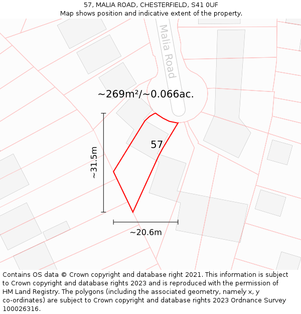 57, MALIA ROAD, CHESTERFIELD, S41 0UF: Plot and title map