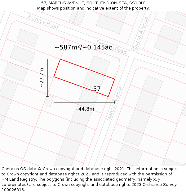 57, MARCUS AVENUE, SOUTHEND-ON-SEA, SS1 3LE: Plot and title map