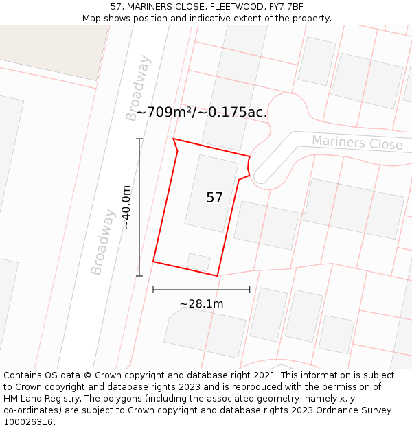 57, MARINERS CLOSE, FLEETWOOD, FY7 7BF: Plot and title map