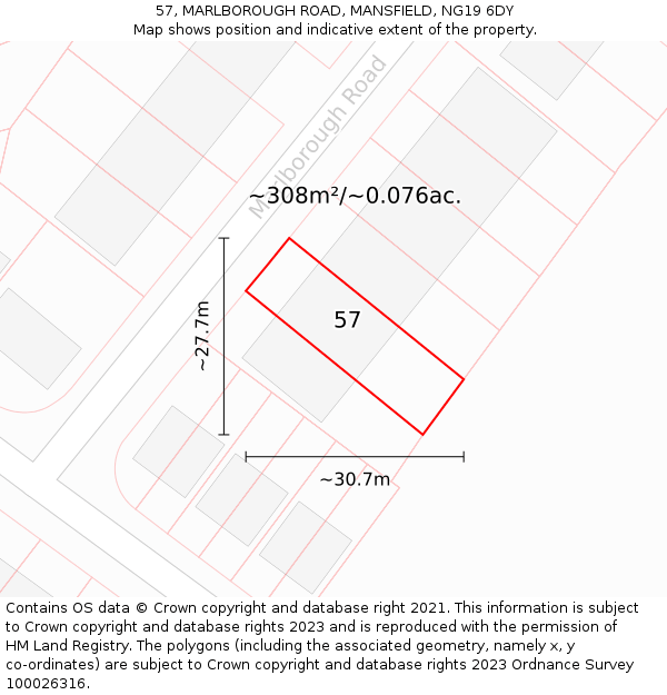 57, MARLBOROUGH ROAD, MANSFIELD, NG19 6DY: Plot and title map