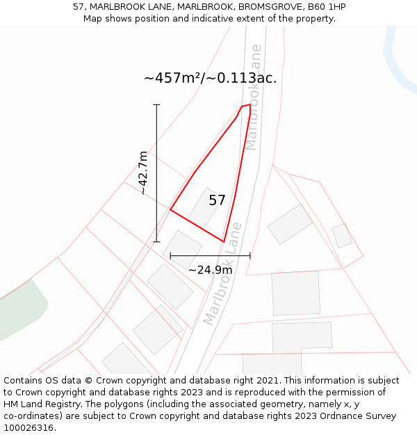 57, MARLBROOK LANE, MARLBROOK, BROMSGROVE, B60 1HP: Plot and title map