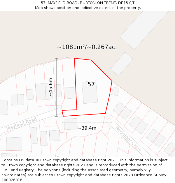 57, MAYFIELD ROAD, BURTON-ON-TRENT, DE15 0JT: Plot and title map