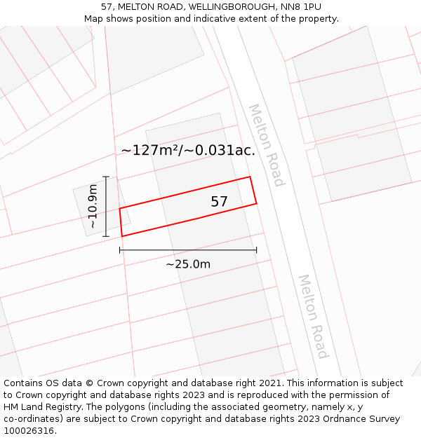 57, MELTON ROAD, WELLINGBOROUGH, NN8 1PU: Plot and title map