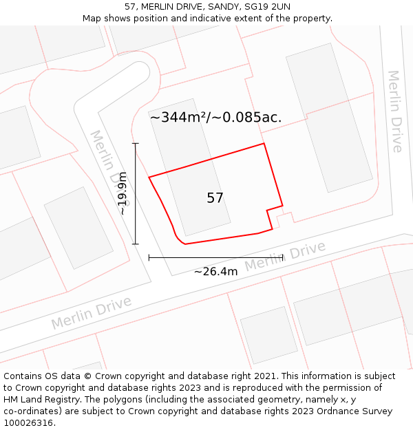 57, MERLIN DRIVE, SANDY, SG19 2UN: Plot and title map