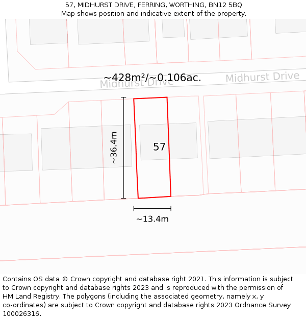 57, MIDHURST DRIVE, FERRING, WORTHING, BN12 5BQ: Plot and title map