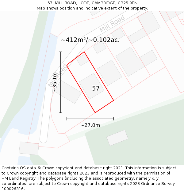 57, MILL ROAD, LODE, CAMBRIDGE, CB25 9EN: Plot and title map