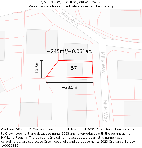 57, MILLS WAY, LEIGHTON, CREWE, CW1 4TF: Plot and title map