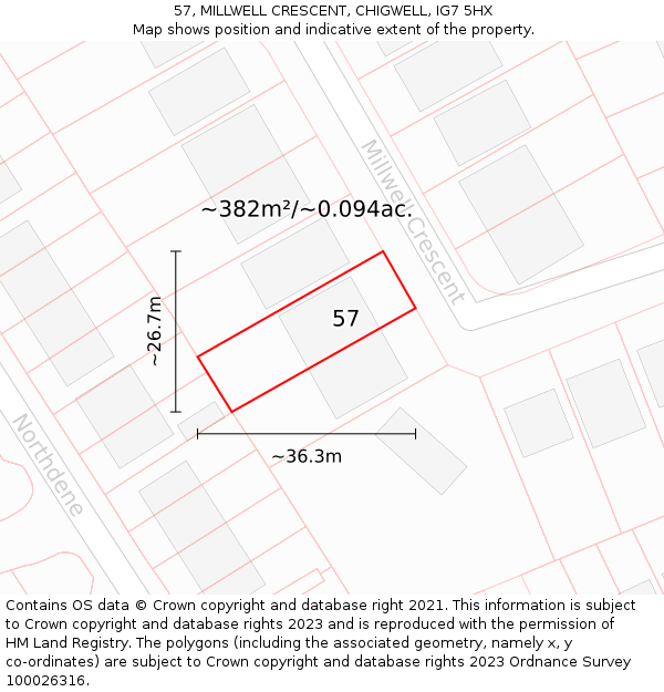 57, MILLWELL CRESCENT, CHIGWELL, IG7 5HX: Plot and title map