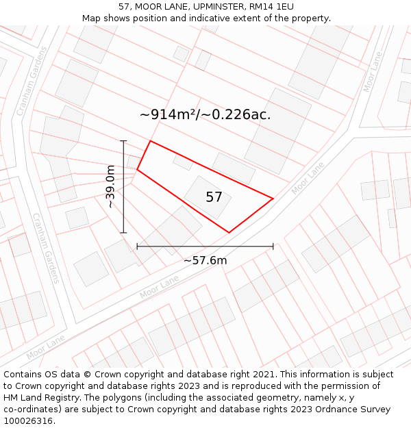 57, MOOR LANE, UPMINSTER, RM14 1EU: Plot and title map