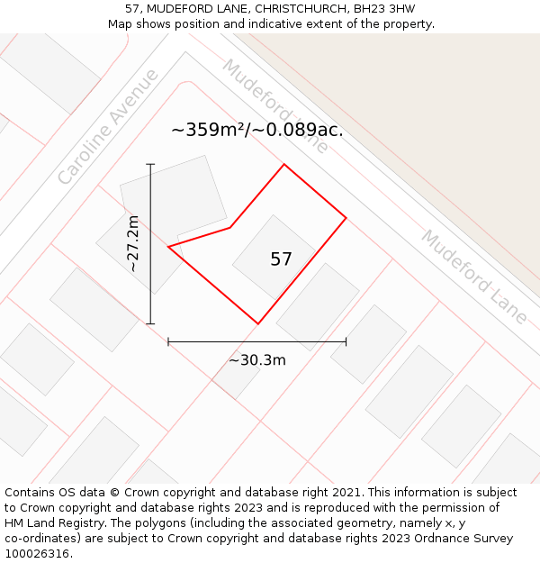 57, MUDEFORD LANE, CHRISTCHURCH, BH23 3HW: Plot and title map
