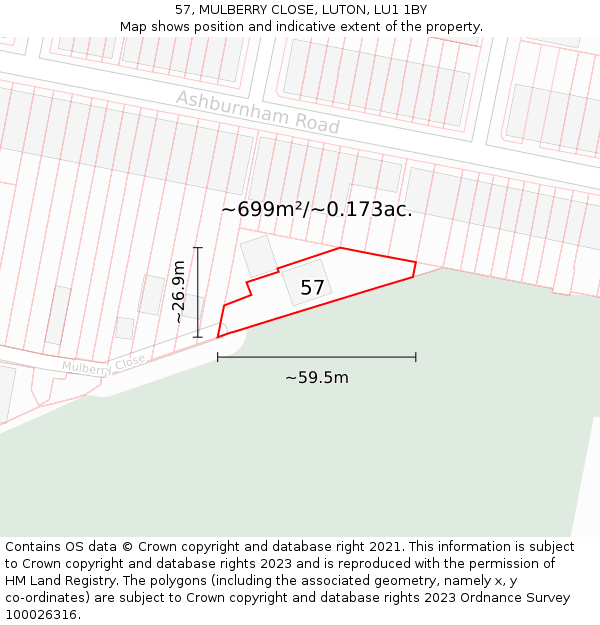 57, MULBERRY CLOSE, LUTON, LU1 1BY: Plot and title map