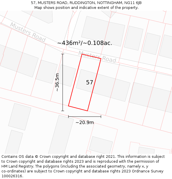 57, MUSTERS ROAD, RUDDINGTON, NOTTINGHAM, NG11 6JB: Plot and title map