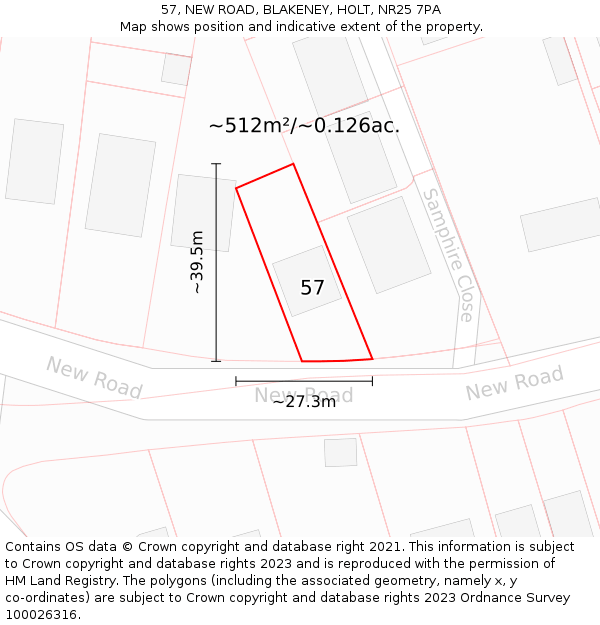 57, NEW ROAD, BLAKENEY, HOLT, NR25 7PA: Plot and title map