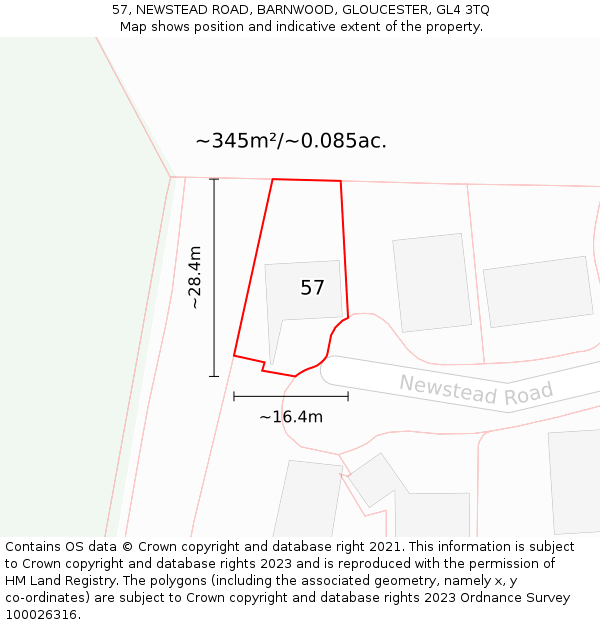 57, NEWSTEAD ROAD, BARNWOOD, GLOUCESTER, GL4 3TQ: Plot and title map