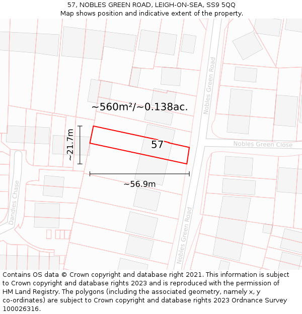 57, NOBLES GREEN ROAD, LEIGH-ON-SEA, SS9 5QQ: Plot and title map