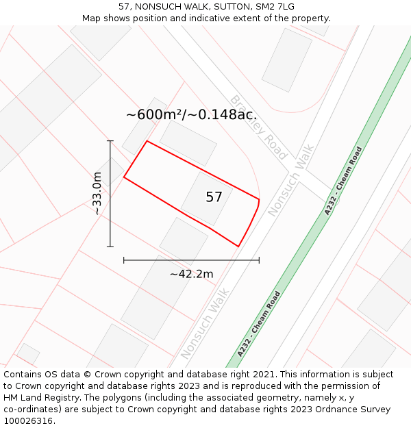 57, NONSUCH WALK, SUTTON, SM2 7LG: Plot and title map