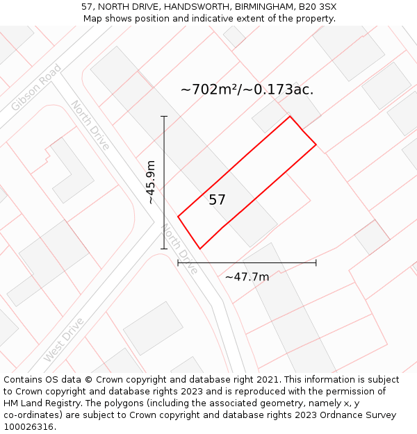 57, NORTH DRIVE, HANDSWORTH, BIRMINGHAM, B20 3SX: Plot and title map