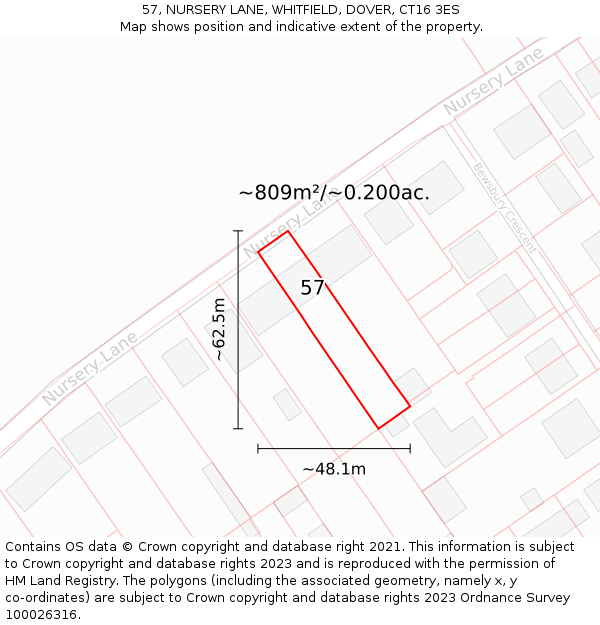 57, NURSERY LANE, WHITFIELD, DOVER, CT16 3ES: Plot and title map