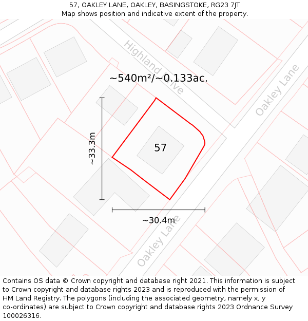 57, OAKLEY LANE, OAKLEY, BASINGSTOKE, RG23 7JT: Plot and title map