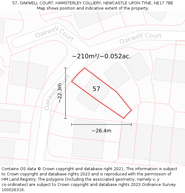 57, OAKWELL COURT, HAMSTERLEY COLLIERY, NEWCASTLE UPON TYNE, NE17 7BE: Plot and title map