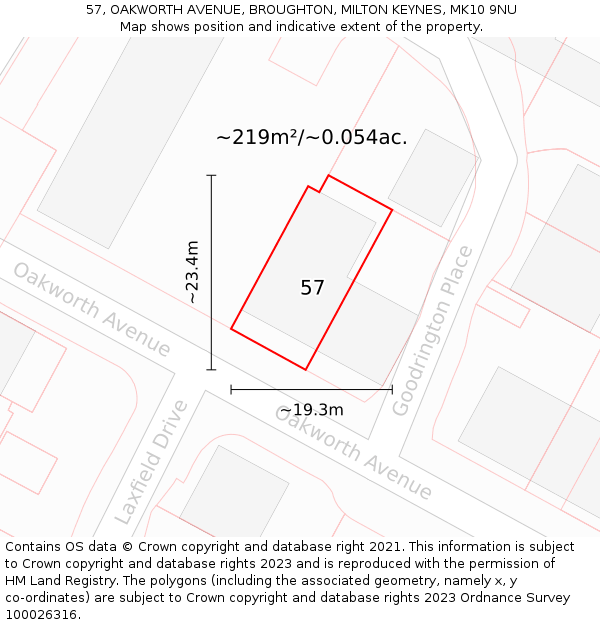 57, OAKWORTH AVENUE, BROUGHTON, MILTON KEYNES, MK10 9NU: Plot and title map