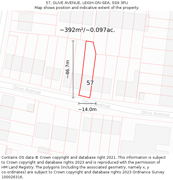 57, OLIVE AVENUE, LEIGH-ON-SEA, SS9 3PU: Plot and title map