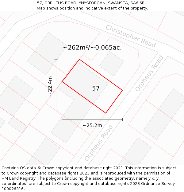 57, ORPHEUS ROAD, YNYSFORGAN, SWANSEA, SA6 6RH: Plot and title map