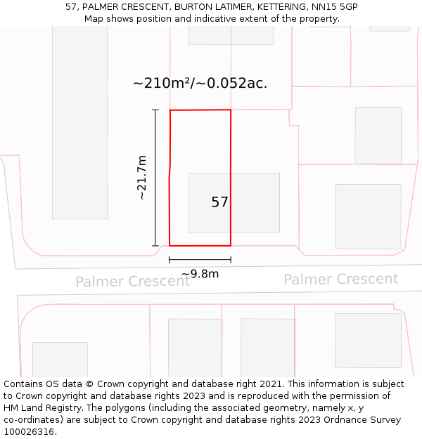 57, PALMER CRESCENT, BURTON LATIMER, KETTERING, NN15 5GP: Plot and title map