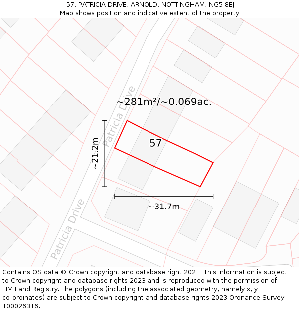 57, PATRICIA DRIVE, ARNOLD, NOTTINGHAM, NG5 8EJ: Plot and title map