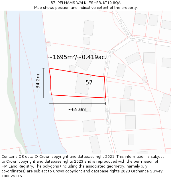 57, PELHAMS WALK, ESHER, KT10 8QA: Plot and title map