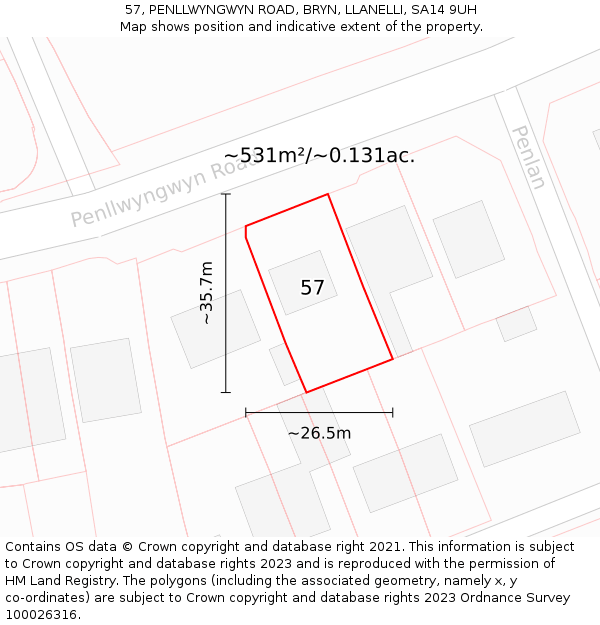 57, PENLLWYNGWYN ROAD, BRYN, LLANELLI, SA14 9UH: Plot and title map