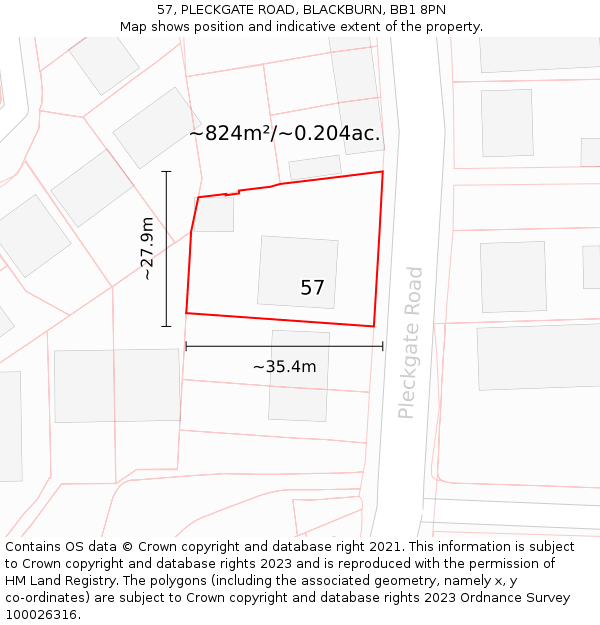 57, PLECKGATE ROAD, BLACKBURN, BB1 8PN: Plot and title map